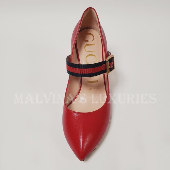 GUCCI SHOES SYLVIE WEB RED LEATHER MARY JANE PUMPS HEELS sz IT 36 US 6 - Picture 7 of 12